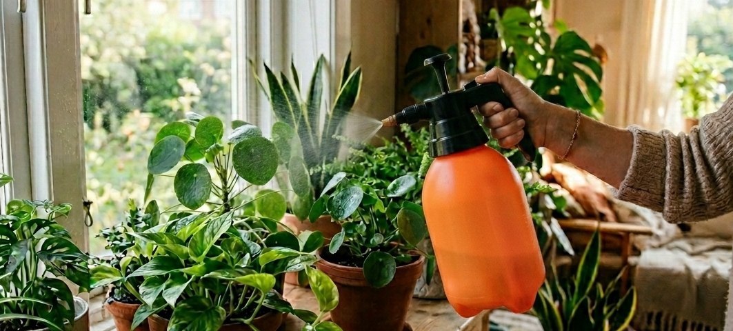 Orang menggunakan sprayer Hippobao untuk menyemprot tanaman hias indoor