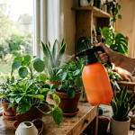 Orang menggunakan sprayer Hippobao untuk menyemprot tanaman hias indoor