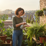 ibu rumah tangga menyemprot tanaman hias di pagi hari dengan cahaya matahari lembut