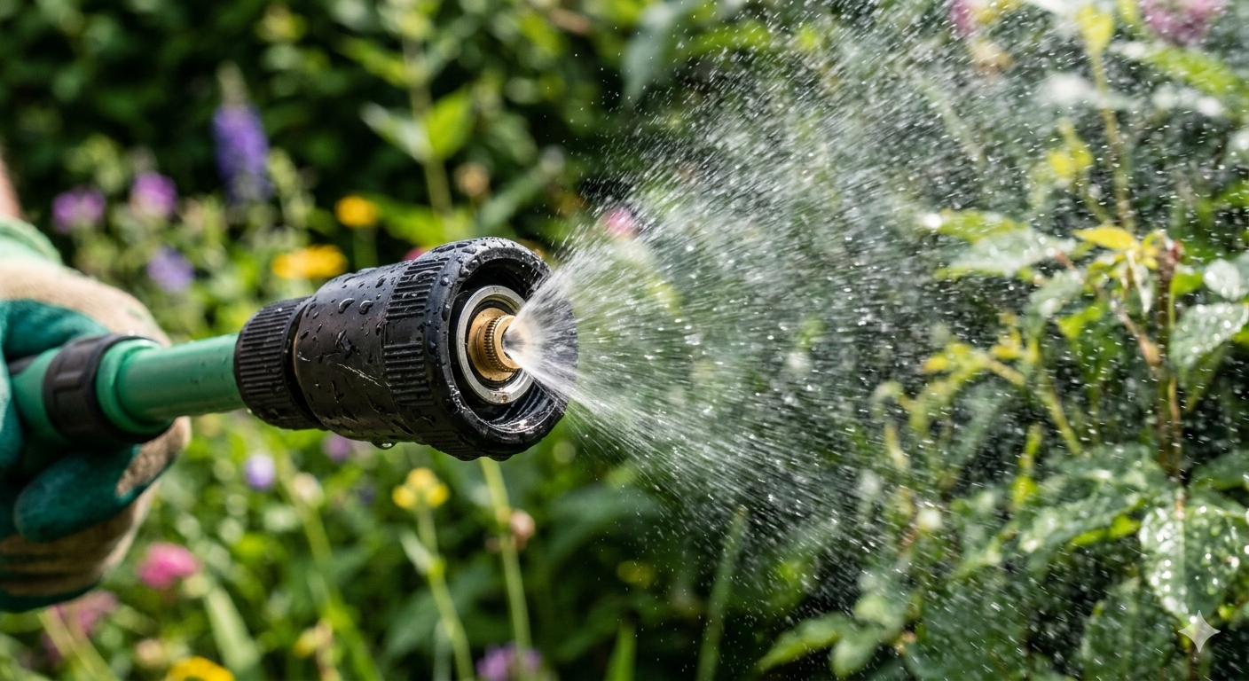 close up nozzle sprayer tanaman dengan semprotan kabut halus