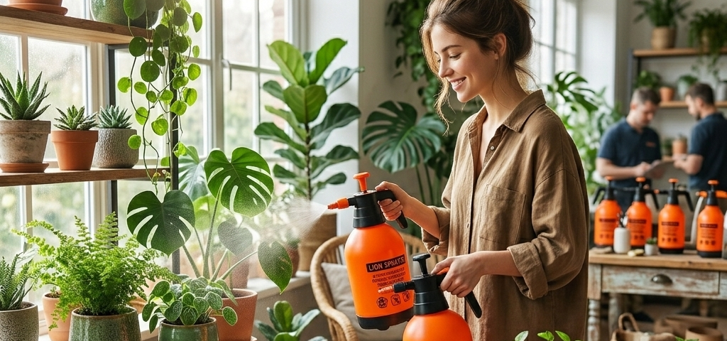 orang merawat tanaman dengan sprayer tanaman