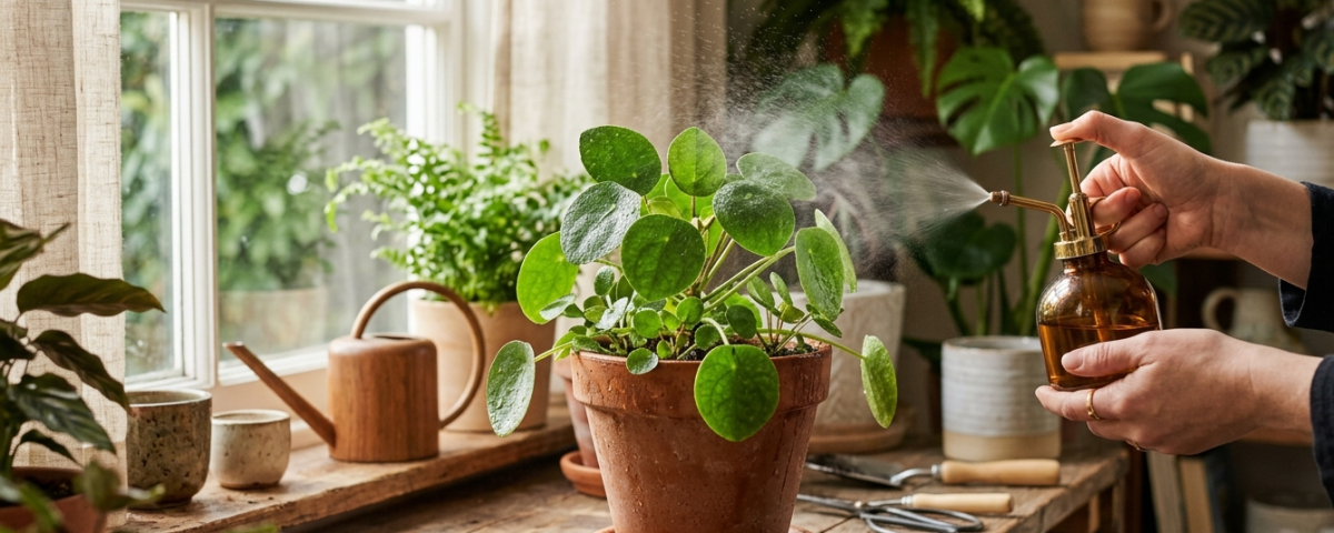 tanaman hias disemprot menggunakan sprayer dengan kabut halus