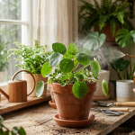 tanaman hias disemprot menggunakan sprayer dengan kabut halus