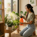 wanita menggunakan sprayer tanaman aesthetic untuk merawat tanaman indoor di rumah