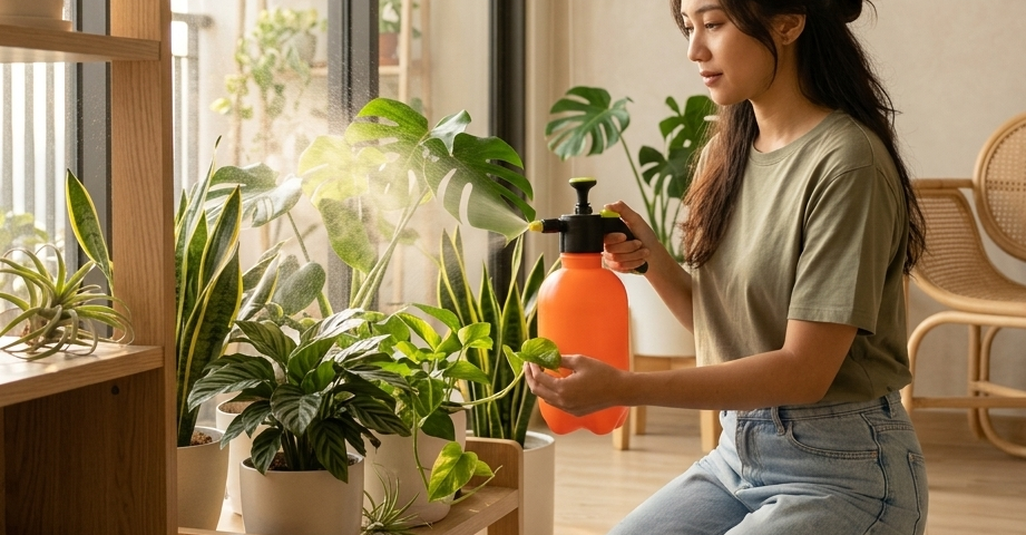wanita menggunakan sprayer tanaman aesthetic untuk merawat tanaman indoor di rumah
