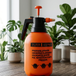produk sprayer tanaman premium di meja kayu dengan tanaman hias