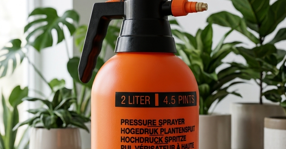 produk sprayer tanaman premium di meja kayu dengan tanaman hias