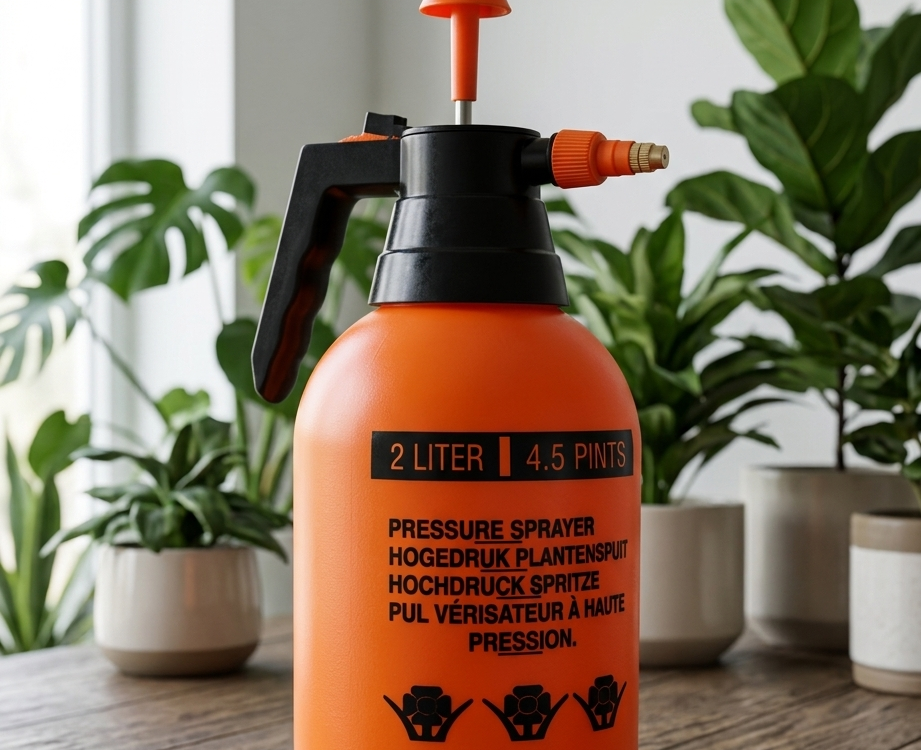 produk sprayer tanaman premium di meja kayu dengan tanaman hias